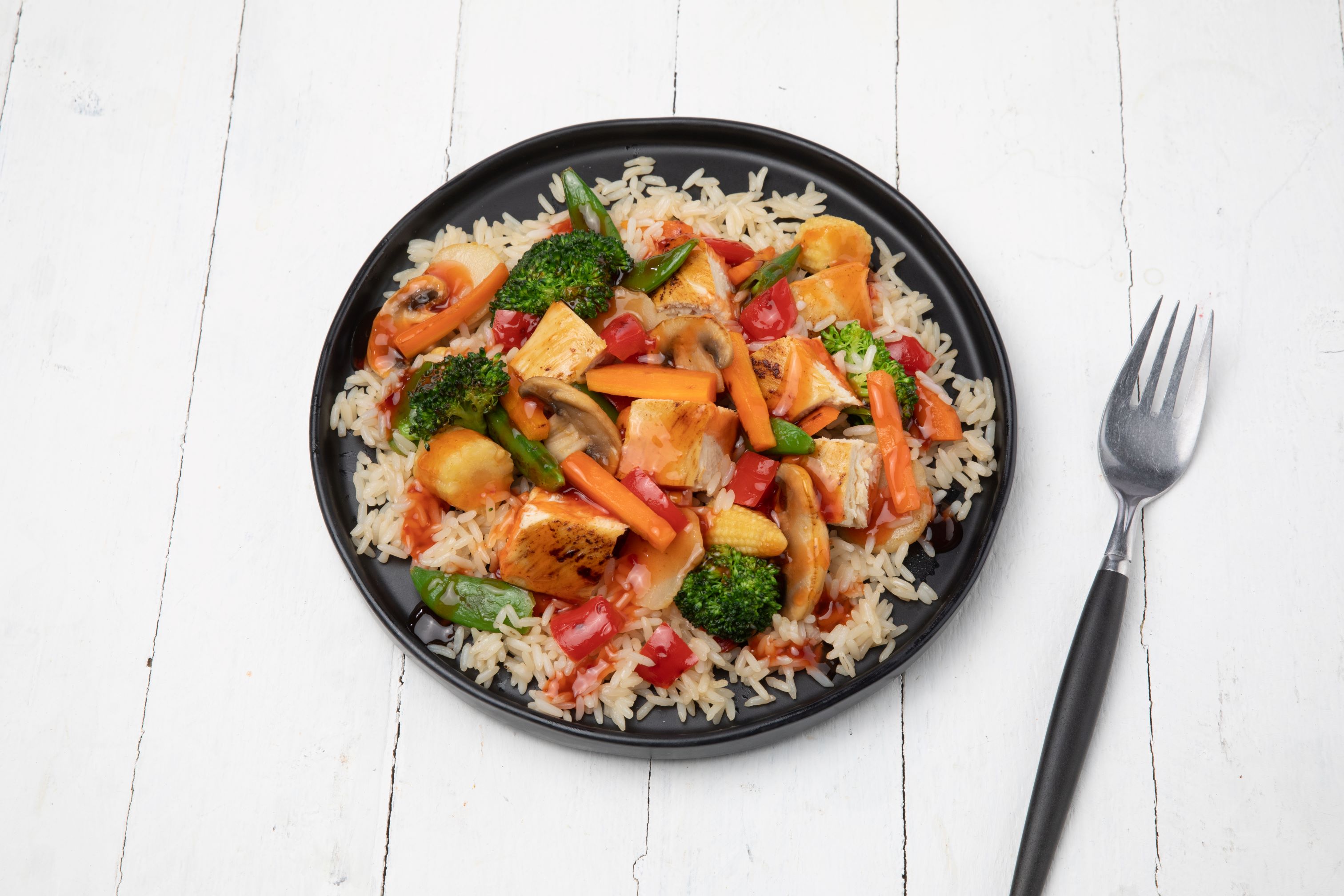 Sweet & Sour Chicken, Stir Fry Vegetables and Rice